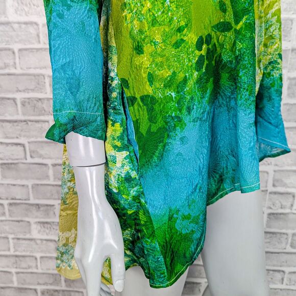CITRON Santa Monica Women's 100% Silk long Kimono open blouse Green floral sz M - Picture 7 of 8